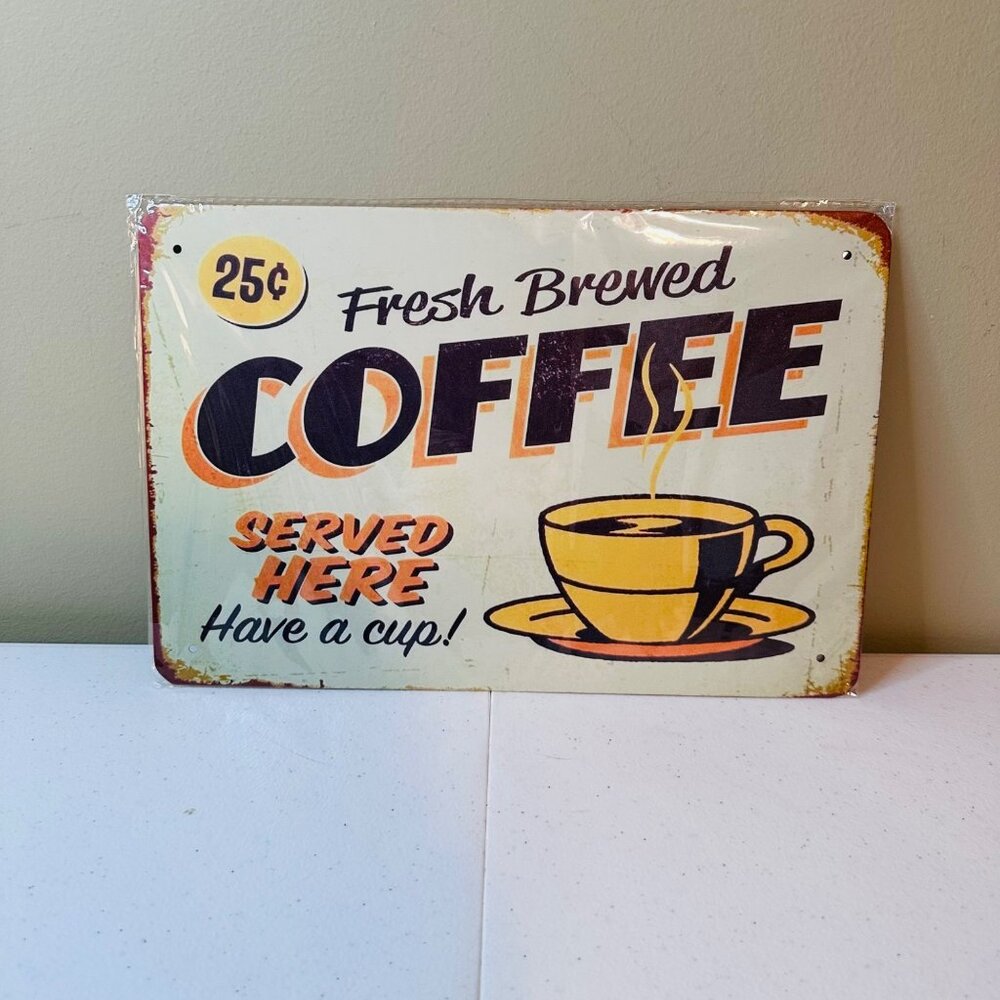 Coffee Sign With Cup & Steam Metal Sign Vintage Look Rusty Look Novelty Sign